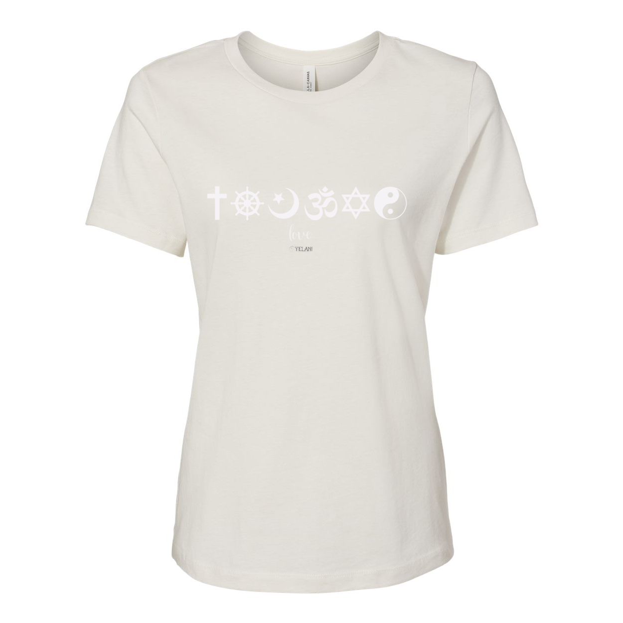 One Love Women's Tee with religious symbols from Christianity, Islam, and Judaism, promoting peace, love, and religious harmony. 100% cotton relaxed fit shirt in vintage white.