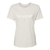 Thumbnail for One Love Women's Tee with religious symbols from Christianity, Islam, and Judaism, promoting peace, love, and religious harmony. 100% cotton relaxed fit shirt in vintage white.