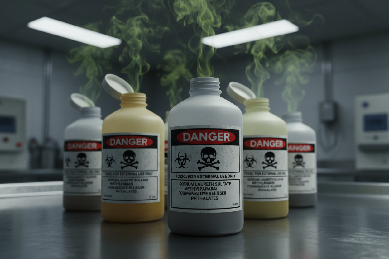 Black woman examining beauty product ingredients label for hazardous chemicals