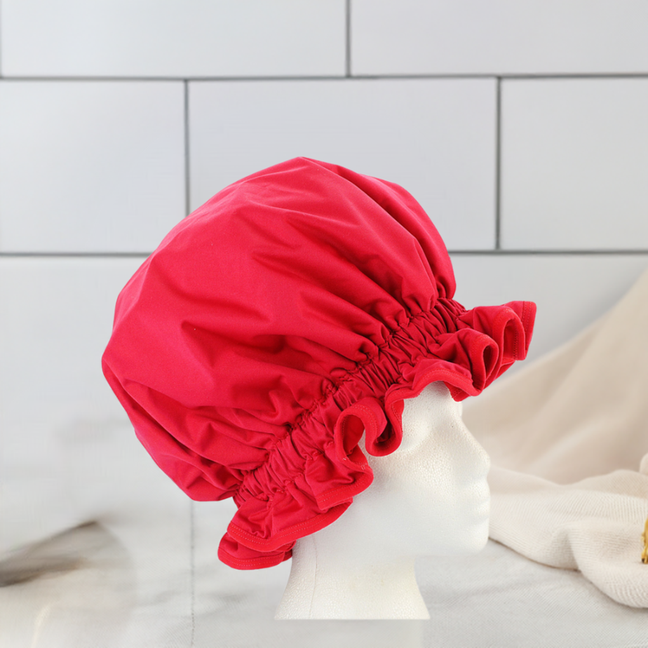 Protect your hairstyle with this washable, frizz-preventative red shower cap. 