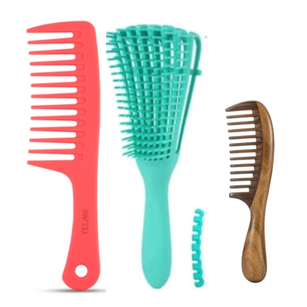 Yelani Natural Hair Detangling Bundle - Orange wide-tooth detangling comb, teal flexible detangling brush, and wooden comb for 4C natural hair