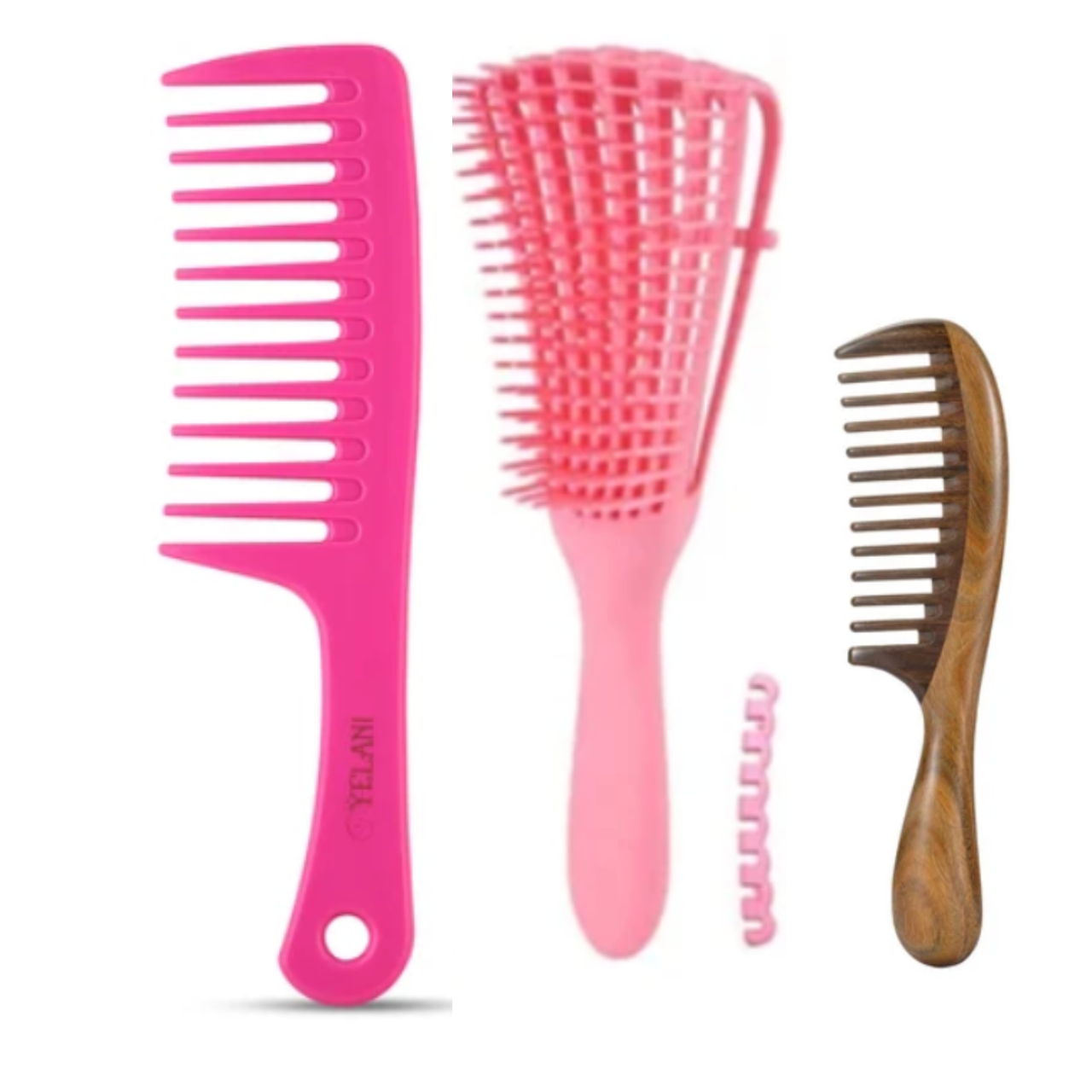 Yelani Natural Hair Detangling Bundle - Pink wide-tooth detangling comb, pink flexible detangling brush, and wooden comb for 4C natural hair