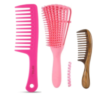 Thumbnail for Yelani Natural Hair Detangling Bundle - Pink wide-tooth detangling comb, pink flexible detangling brush, and wooden comb for 4C natural hair