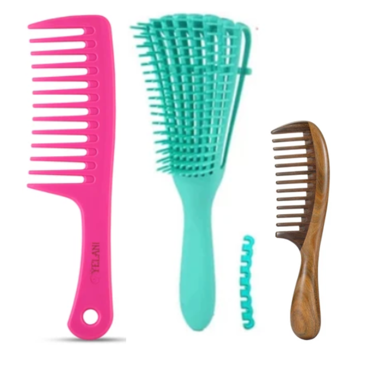 Yelani Natural Hair Detangling Bundle - Pink wide-tooth detangling comb, teal flexible detangling brush, and wooden comb for 4C natural hair
