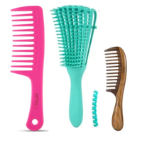 Thumbnail for Yelani Natural Hair Detangling Bundle - Pink wide-tooth detangling comb, teal flexible detangling brush, and wooden comb for 4C natural hair
