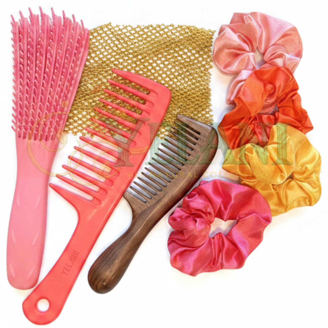 Hair detangling bundle 8 piece- detangling comb and brush, wooden comb and satin scrunchies