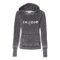 Thumbnail for One Love Women's Zen Fleece Hooded Sweatshirt with symbols from major world religions, made from 55/45 cotton/polyester burnout fleece, acid washed for a unique look.