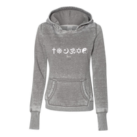 Thumbnail for One Love Women's Zen Fleece Hooded Sweatshirt with symbols from major world religions, made from 55/45 cotton/polyester burnout fleece, acid washed for a unique look.